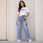 Women's Sleek High-Waist Wide-Leg Light Blue Denim Cargo Jeans-3