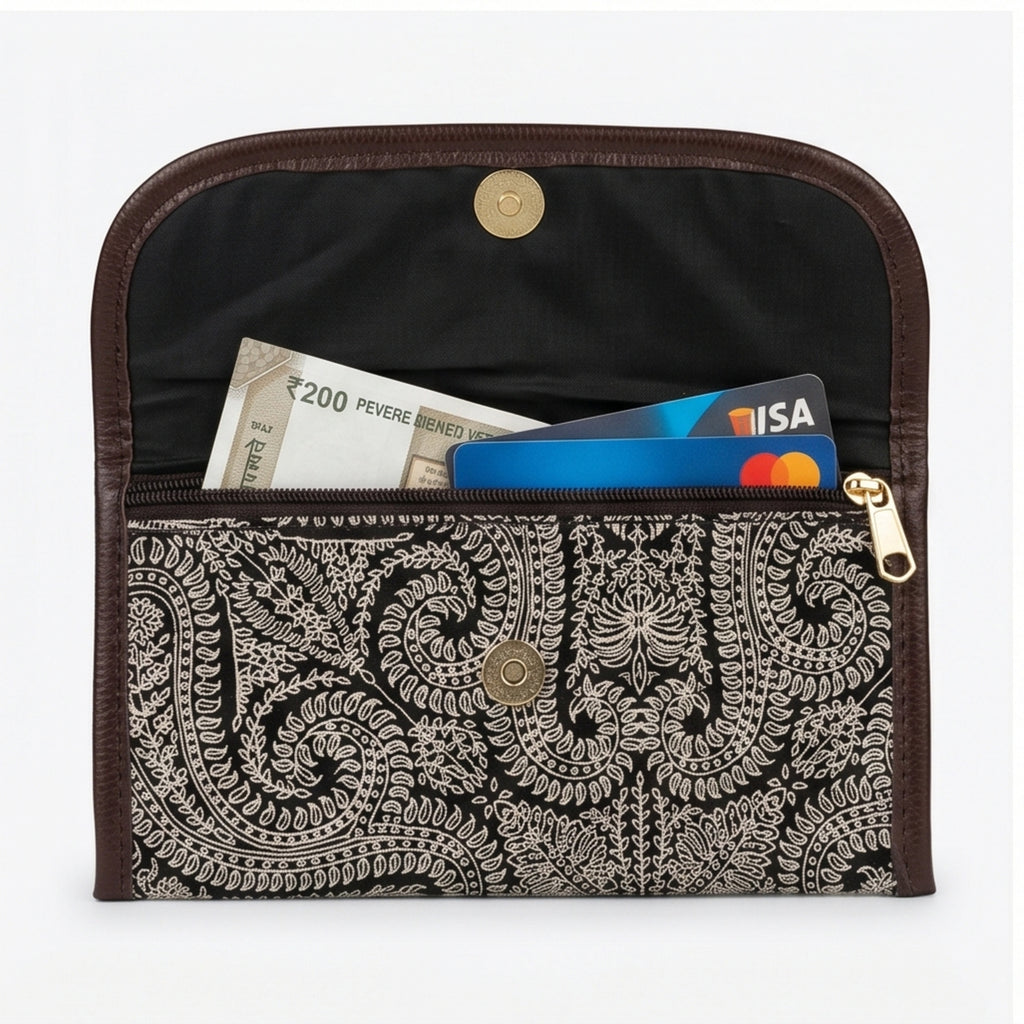 Women's Black Paisley Print Long Wallet | Elegant Ladies Clutch Wallet with Snap Button Closure-3