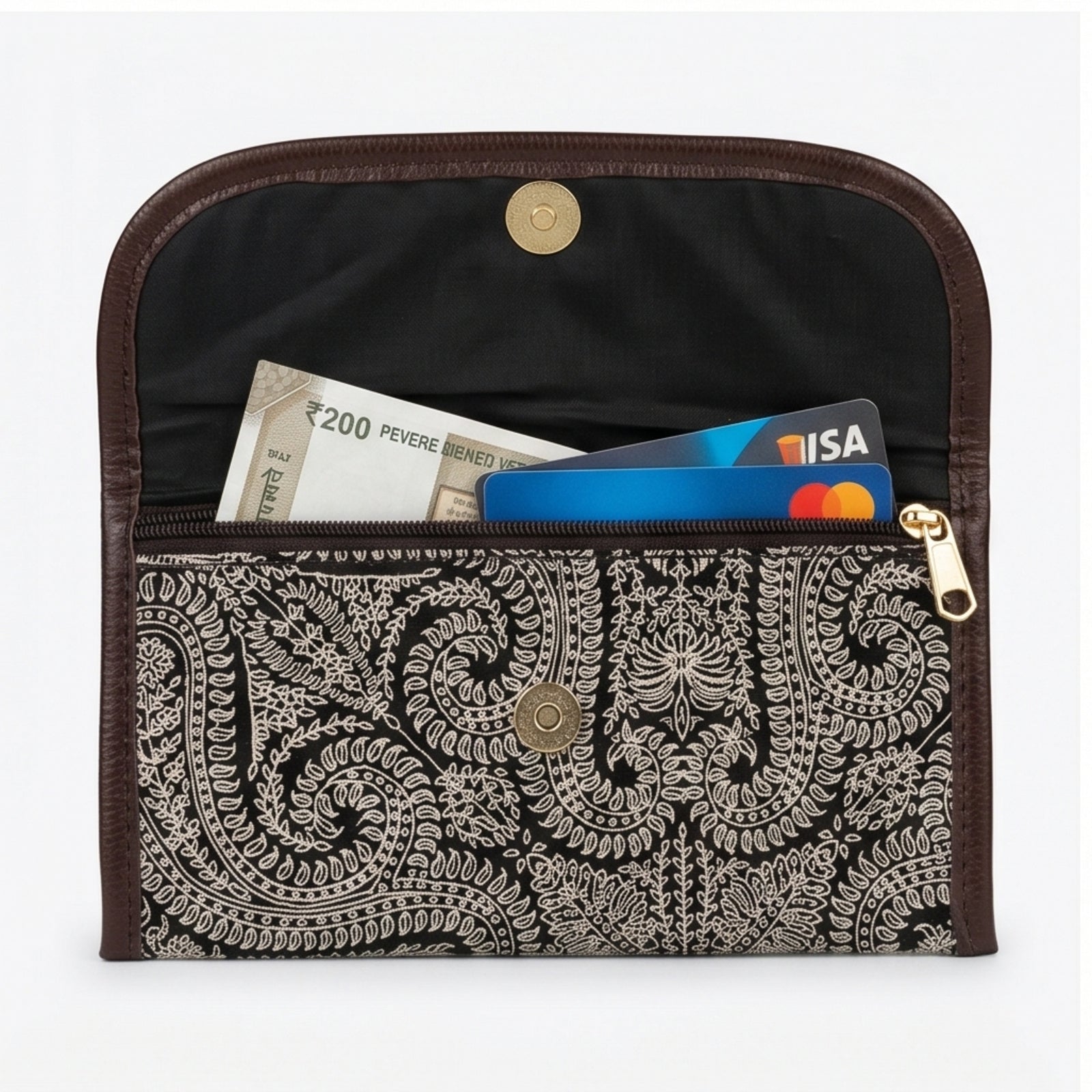 Women's Black Paisley Print Long Wallet | Elegant Ladies Clutch Wallet with Snap Button Closure-3