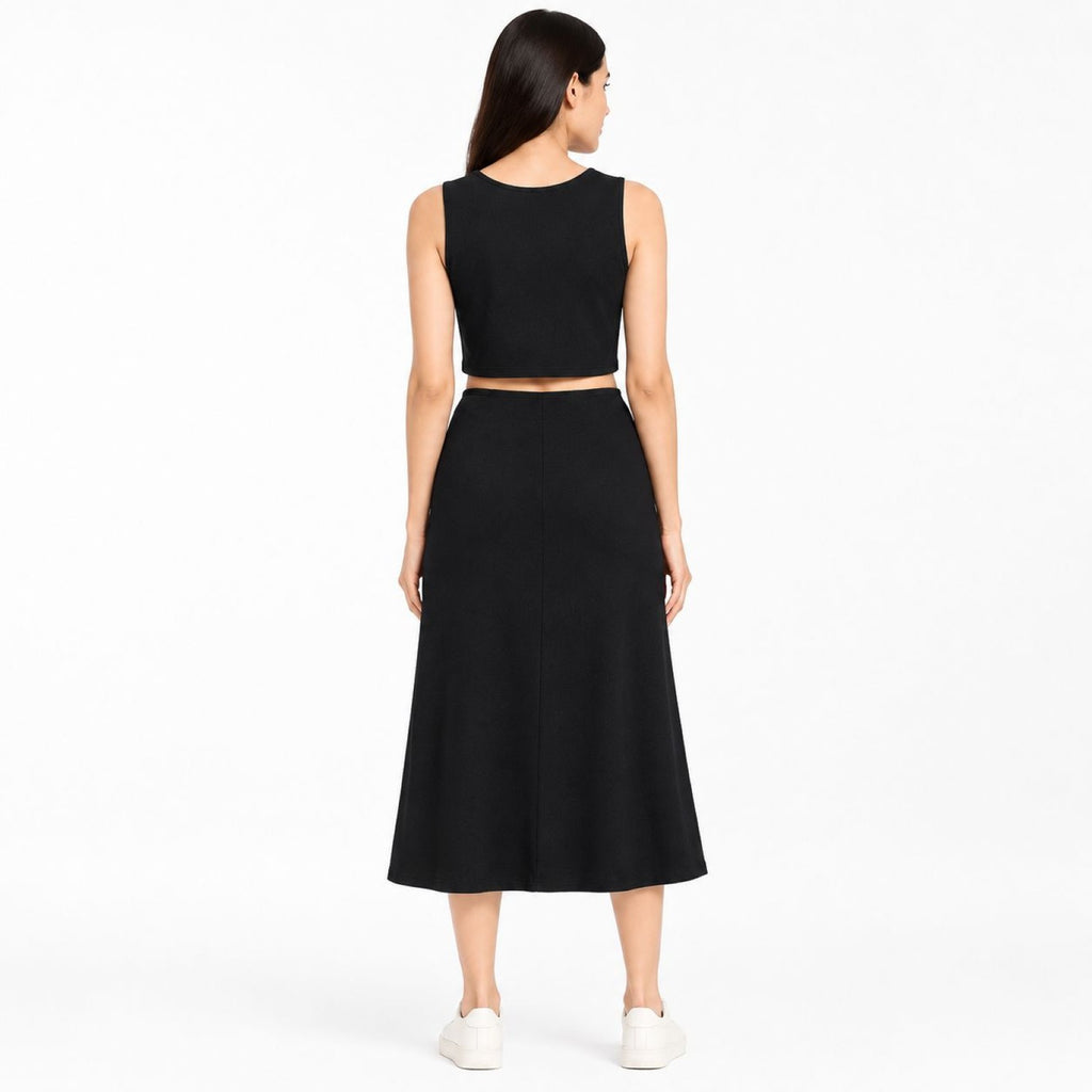 Women's Black Sleeveless Crop Top & Midi Skirt Co-Ord Set-4