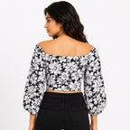 Women's Black & White Floral Off-Shoulder Crop Top-4