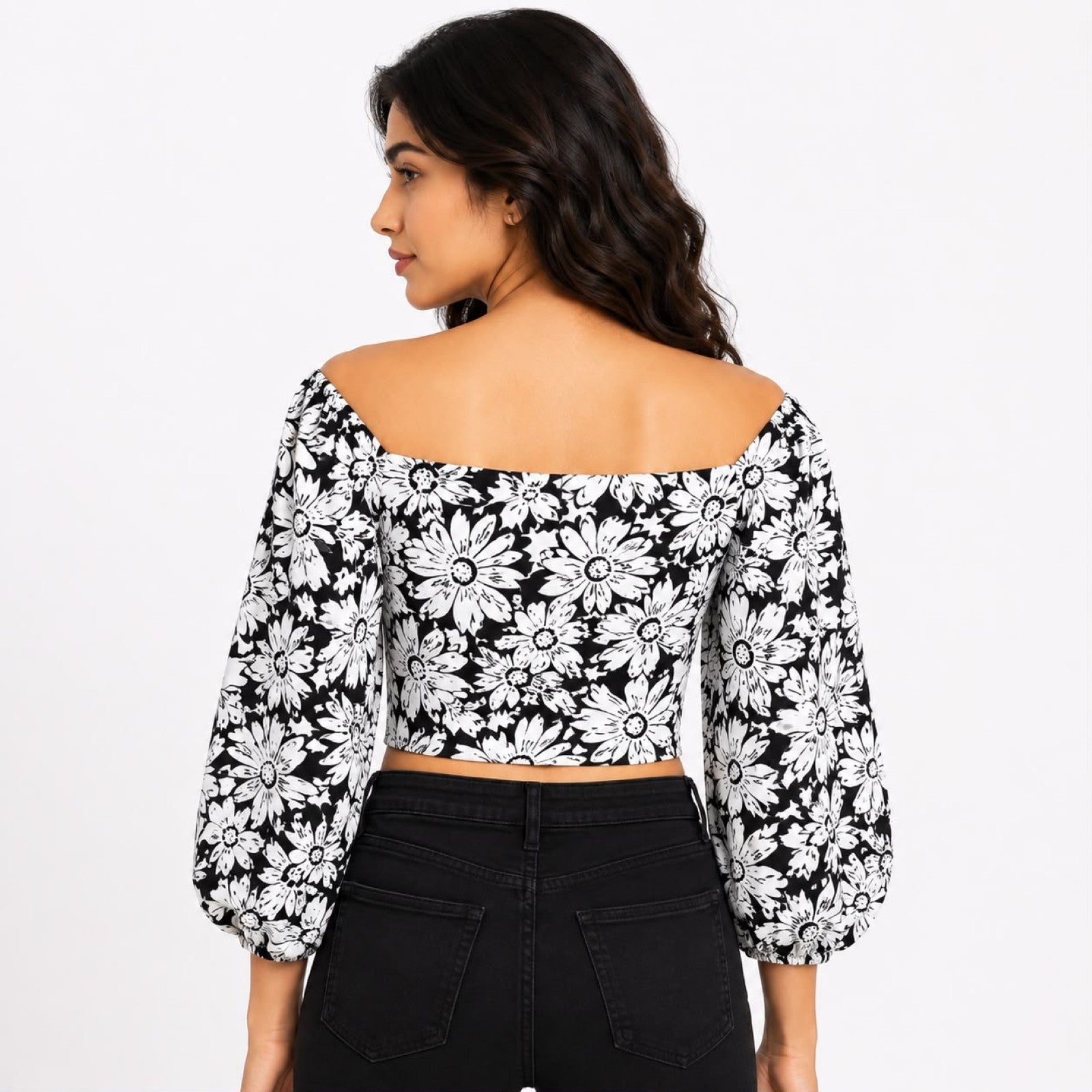 Women's Black & White Floral Off-Shoulder Crop Top-4