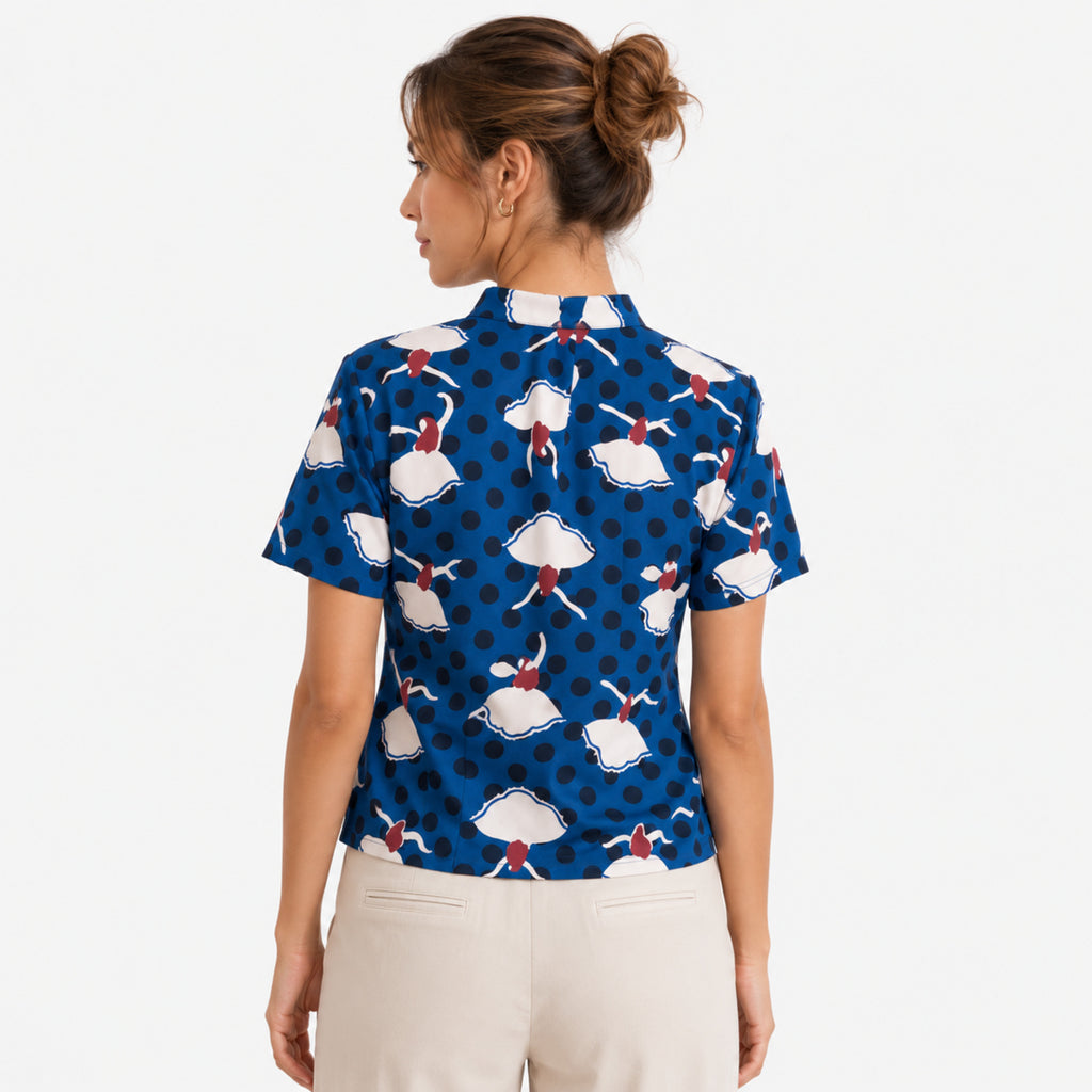Women's Navy Blue Printed Mandarin Collar Top-2