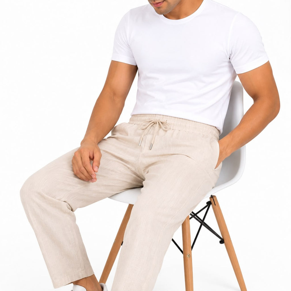 Men's Cream Textured Drawstring Waist Relaxed Casual Trousers-3