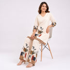 Women's Printed Beige V-Neck Kurta and Wide-Leg Pant Co-Ord Set | Floral Ethnic Two-Piece Set-3