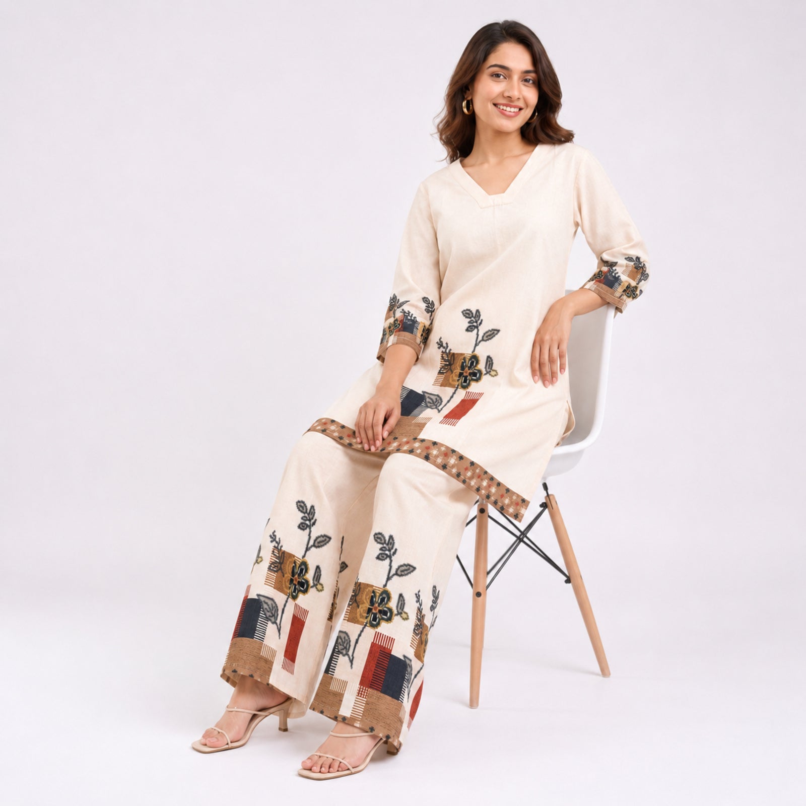 Women's Printed Beige V-Neck Kurta and Wide-Leg Pant Co-Ord Set | Floral Ethnic Two-Piece Set-3