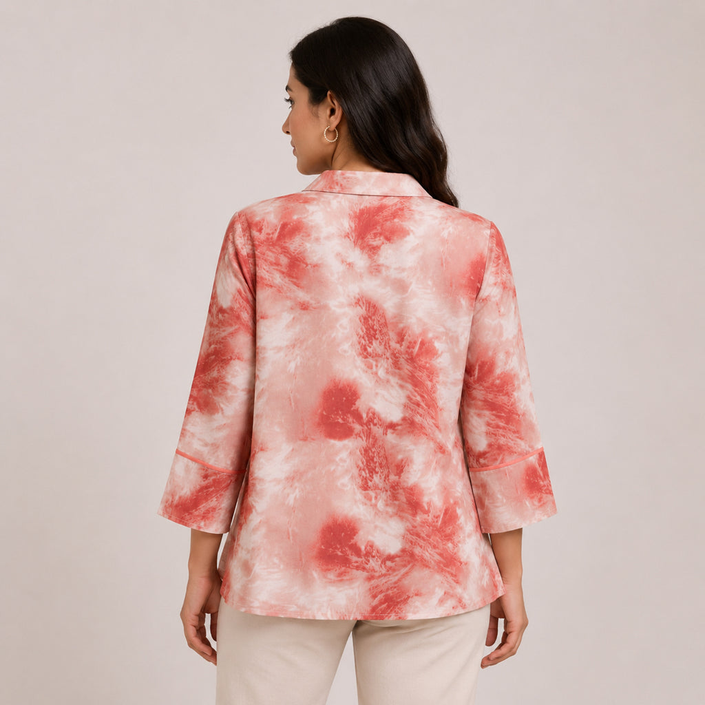 Women's Vibrant Peach Pink Tie-Dye Effect Button-Down Top-4