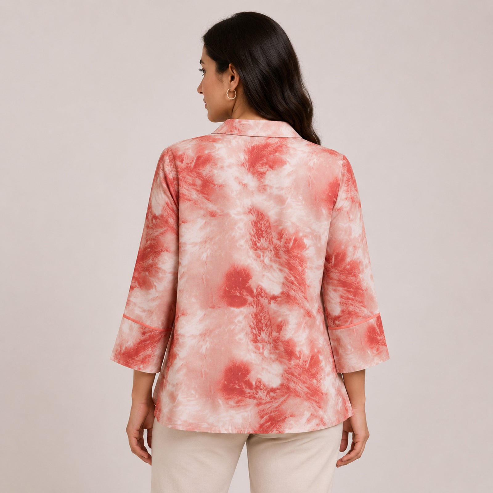 Women's Vibrant Peach Pink Tie-Dye Effect Button-Down Top-4