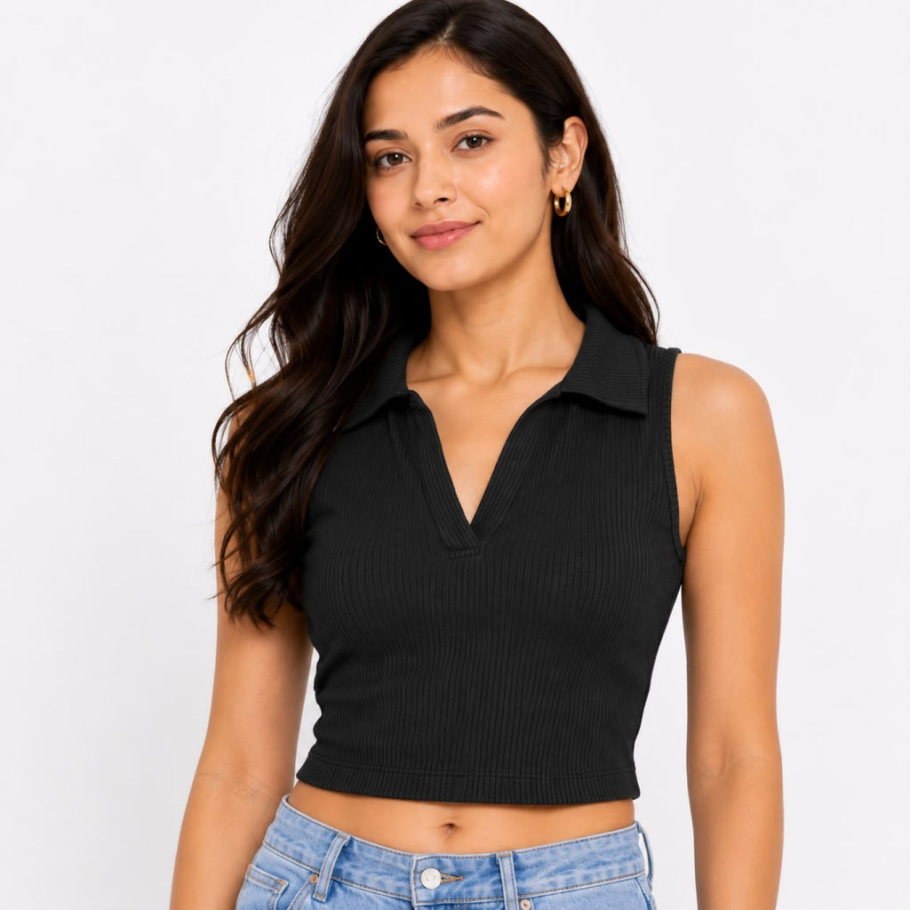 Women's Black Ribbed Sleeveless Collared Crop Top-1