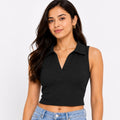 Women's Black Ribbed Sleeveless Collared Crop Top-1