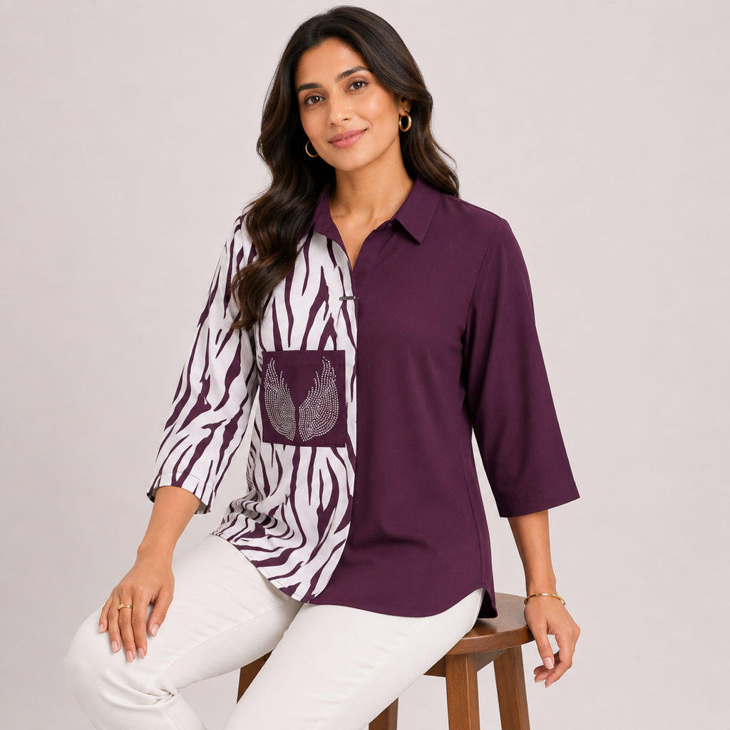 Women's Maroon Zebra Print Color Block Casual Top | Elegant Collared Smart Casual Designer Blouse-1
