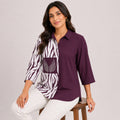 Women's Maroon Zebra Print Color Block Casual Top | Elegant Collared Smart Casual Designer Blouse-1