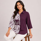 Women's Maroon Zebra Print Color Block Casual Top | Elegant Collared Smart Casual Designer Blouse-1