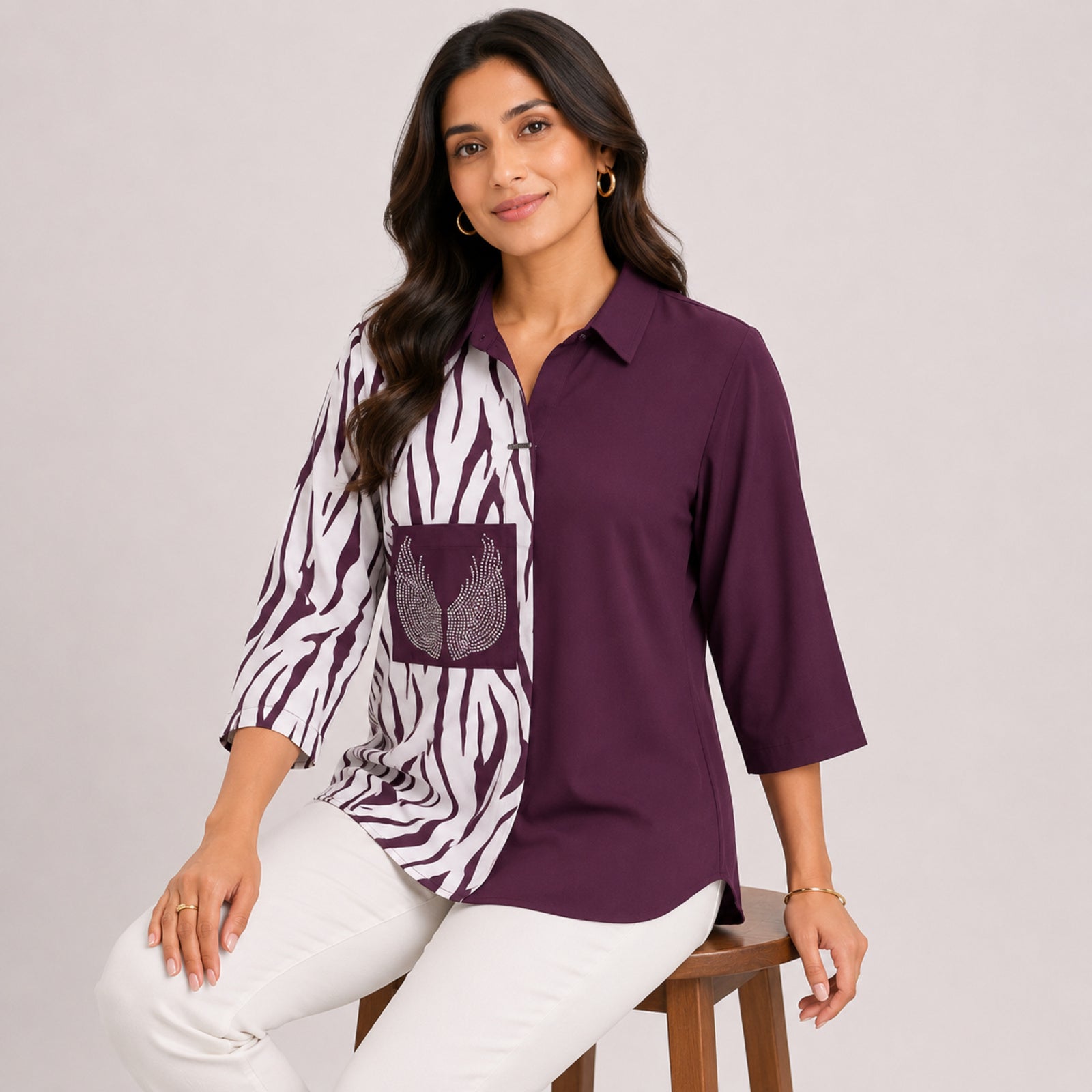 Women's Maroon Zebra Print Color Block Casual Top | Elegant Collared Smart Casual Designer Blouse-1