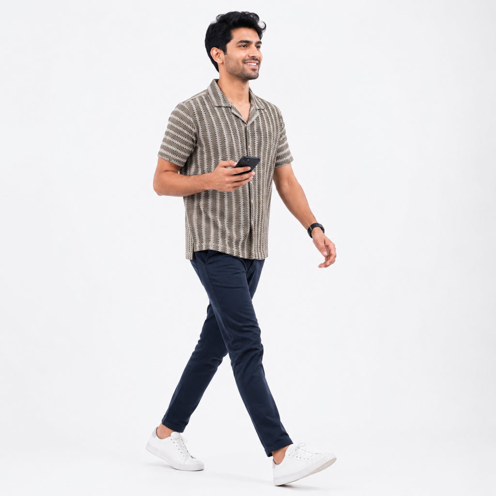 Men's Grey Vertical Stripe Casual Cuban Collar Shirt-1