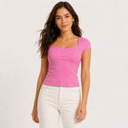 Women's Blush Aura Hot Pink Ribbed Sweetheart Neck Top-1