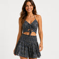 Women's Grey Paisley Print Co-Ord Set | Ruched Tie-Up Crop Top with Flared Mini Skirt-1