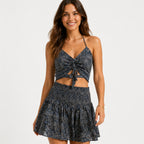 Women's Grey Paisley Print Co-Ord Set | Ruched Tie-Up Crop Top with Flared Mini Skirt-1