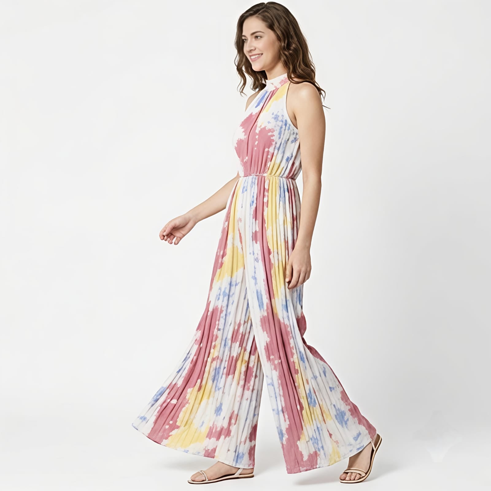 Women's Pastel Abstract Print Pleated Jumpsuit-2
