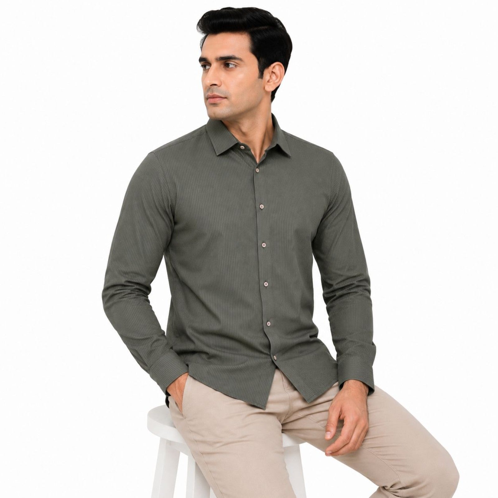Men's Olive Green Rib-Textured Smart Fit Shirt | Modern Full Sleeve Everyday Shirt-3