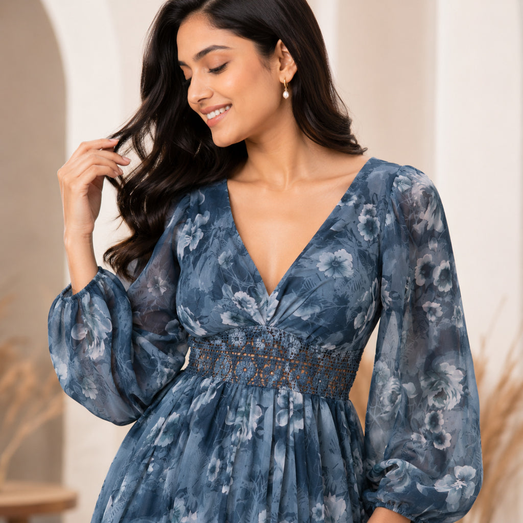 Women's Blue Floral Tie-Up Midi Dress-1