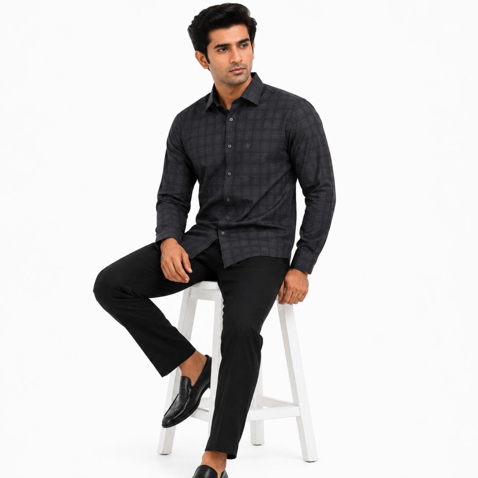 Men's Grey Textured Check Full Sleeve Shirt with Chest Pocket-3