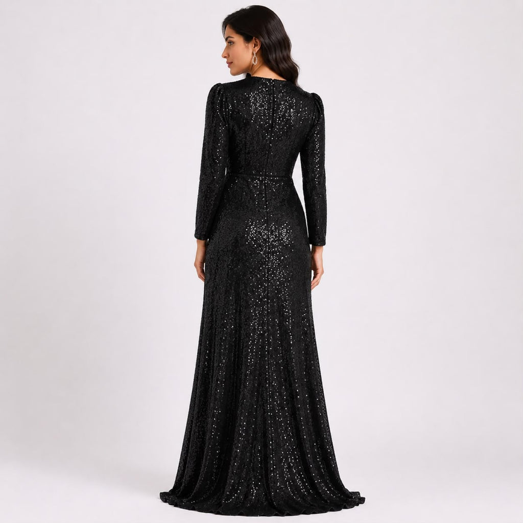 Women's Luxury Black Sequin Wrap Maxi Gown with Ruffle Detail | Elegant Evening Party Wear Dress for Women-4