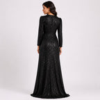 Women's Luxury Black Sequin Wrap Maxi Gown with Ruffle Detail | Elegant Evening Party Wear Dress for Women-4