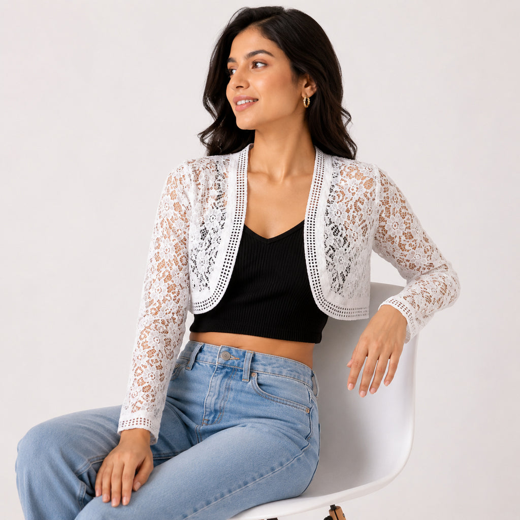Women's Celestial Alabaster White Sheer Floral Lace Shrug Blazer-2