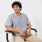 Men's White & Blue Geometric Print Casual Shirt-3