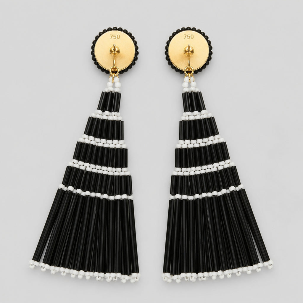 Women's Black Beaded Tassel Drop Earrings-2