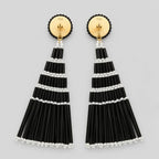 Women's Black Beaded Tassel Drop Earrings-2