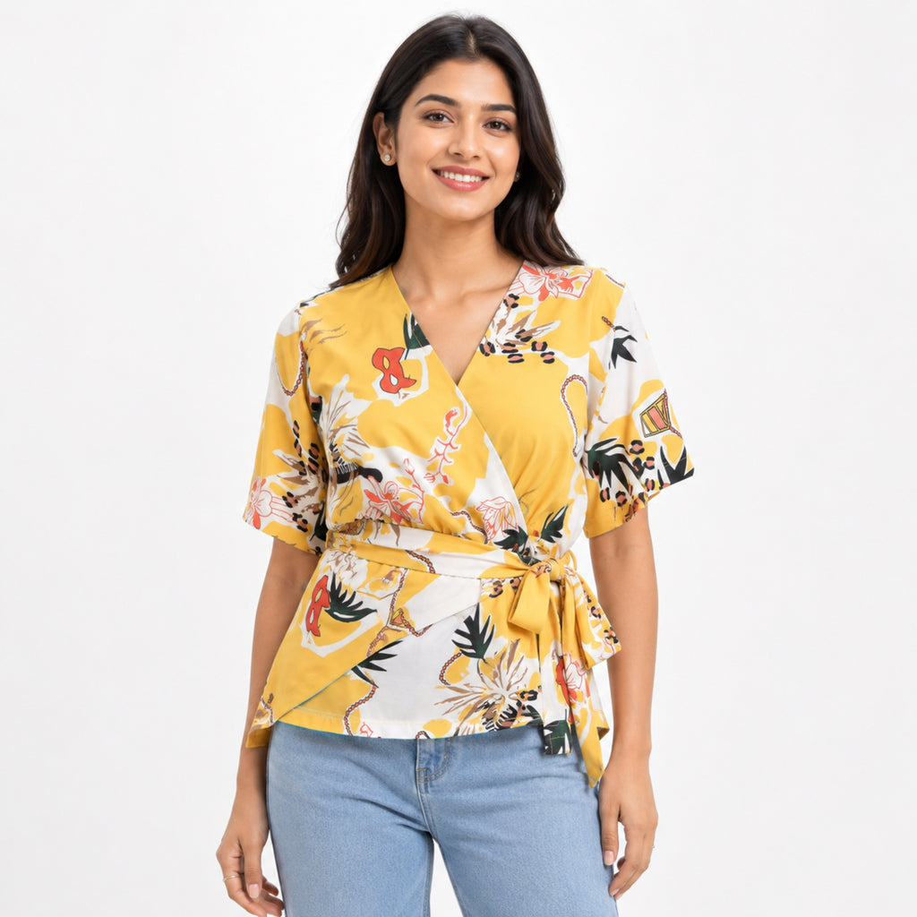 Women's Yellow Floral Tropical Wrap Top with Waist Tie-3