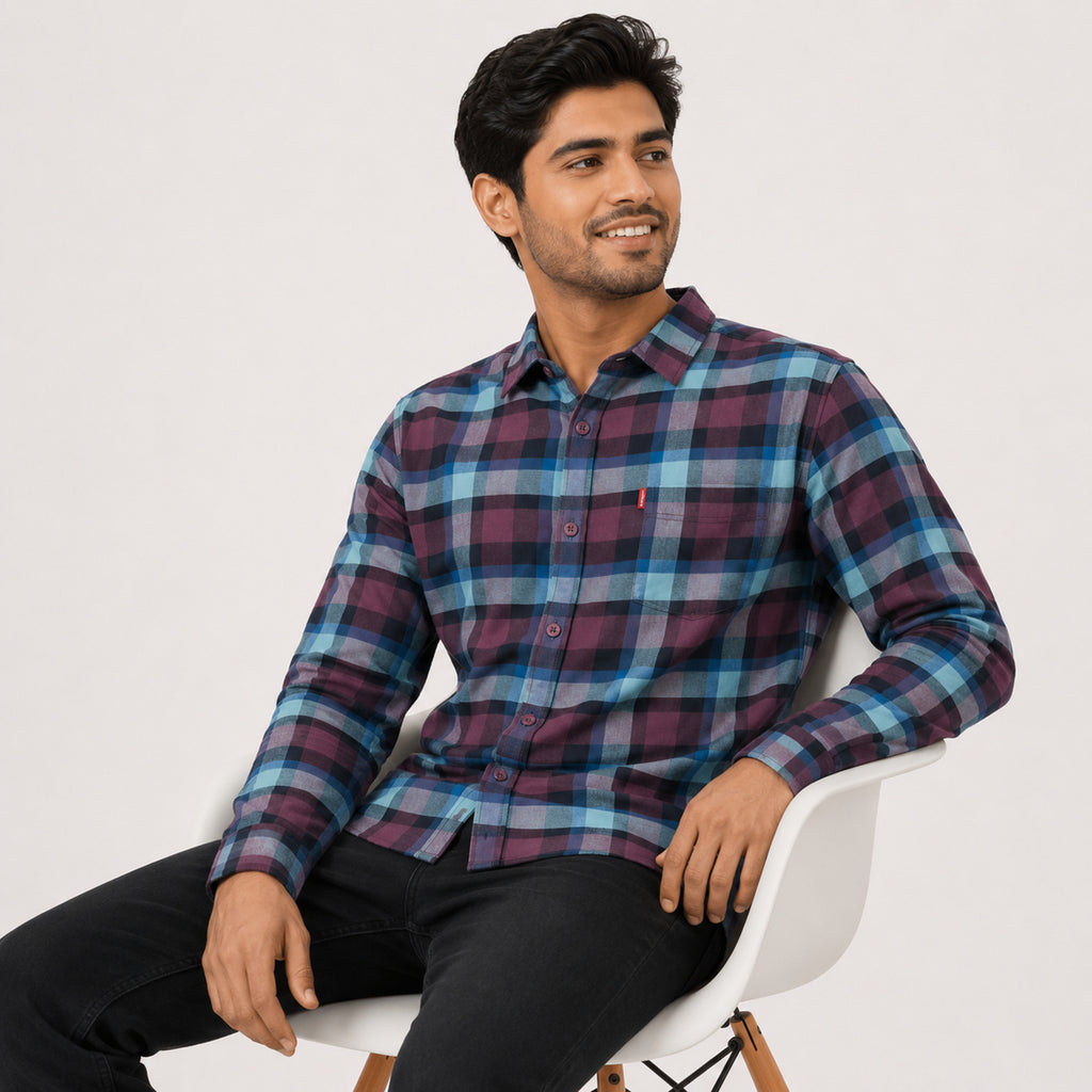 Men's Maroon and Teal Peacock Plaid Checkered Smart-Casual Shirt-2