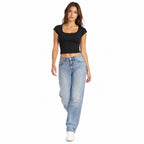 Women's Black Scoop Neck Cap Sleeve Cropped Casual Top-1