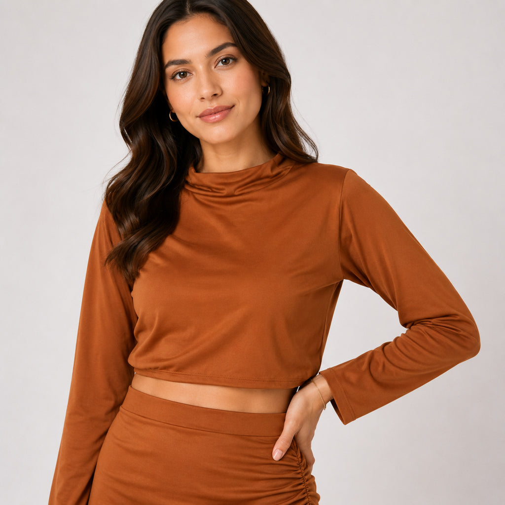 Women's Orange Long Sleeve Crop Top and Midi Skirt Co-Ord Set-2