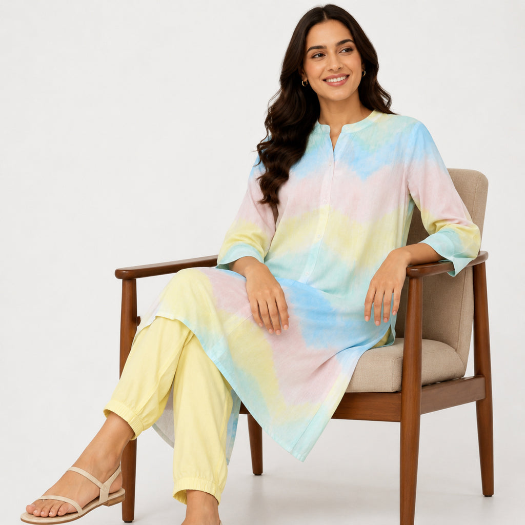 Women's Multicolor Tie-Dye Chevron Kurta Pant Set-2