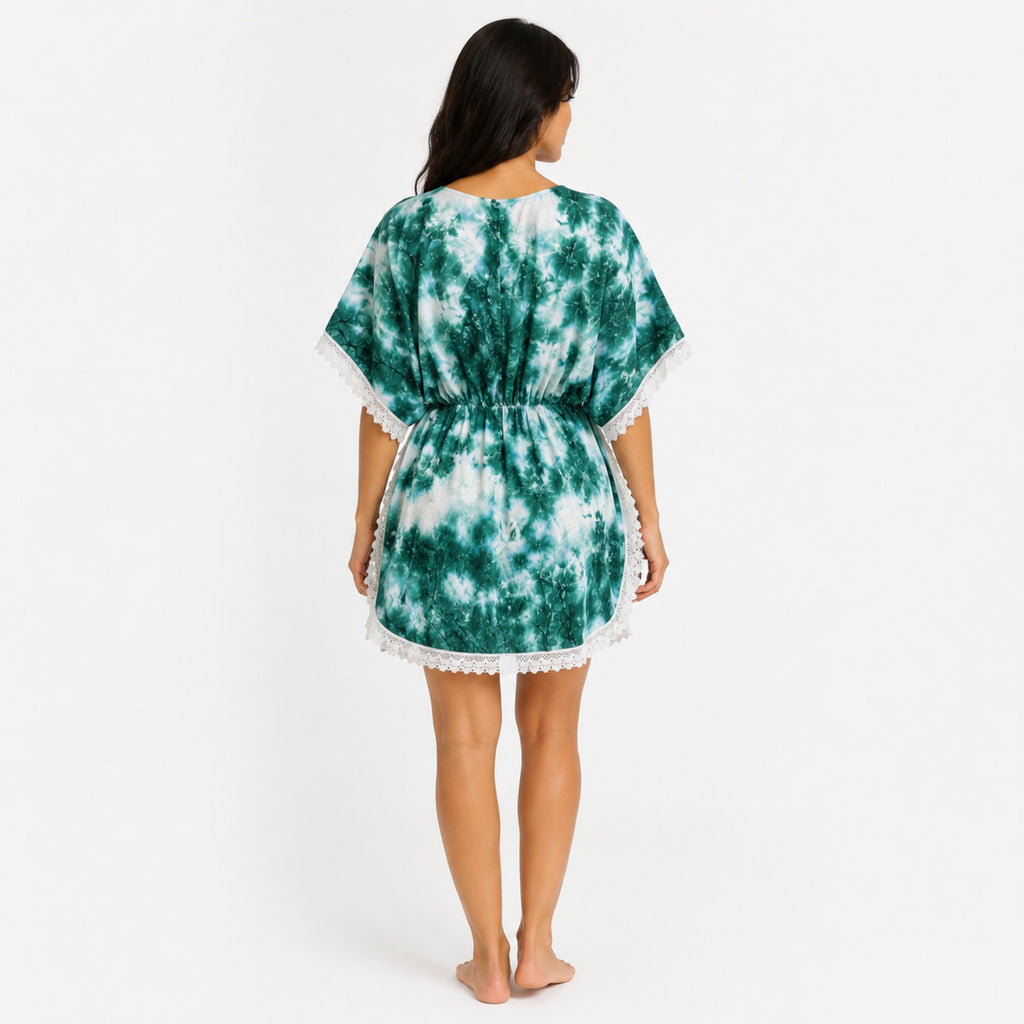 Women's Green Tie-Dye V-Neck Lace Trim Kaftan Dress | Breezy Resort Wear Cover-Up-4