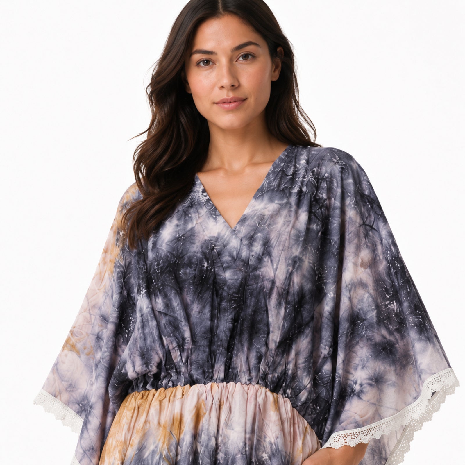 Women's Grey Tie-Dye Lace Trim Kaftan Co-Ord Set | Breezy Resort Wear Lounge Set-3