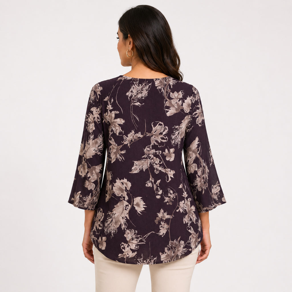Women's Brown Floral Print V-Neck Flared Top with Three-Quarter Bell Sleeves-4