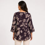 Women's Brown Floral Print V-Neck Flared Top with Three-Quarter Bell Sleeves-4