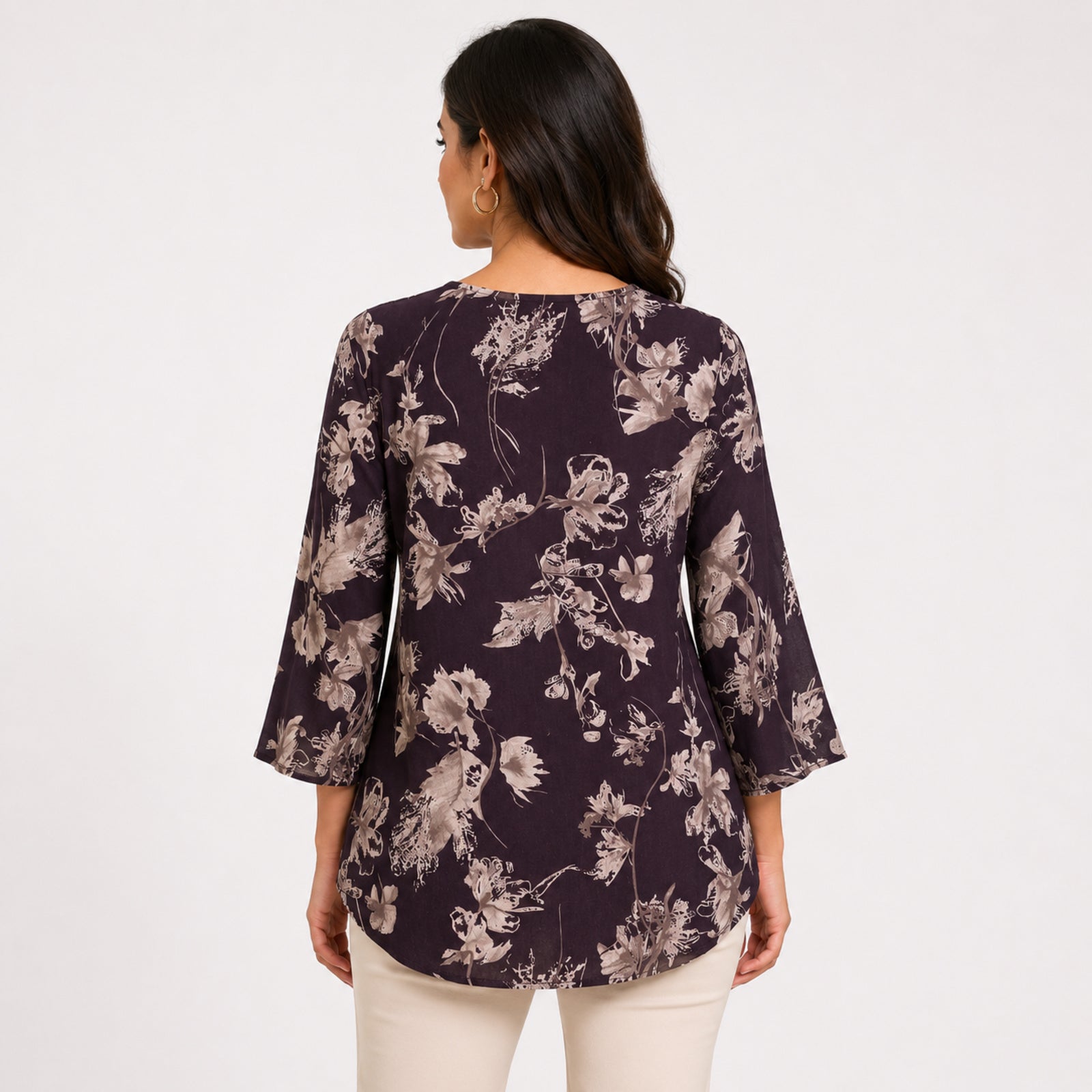 Women's Brown Floral Print V-Neck Flared Top with Three-Quarter Bell Sleeves-4