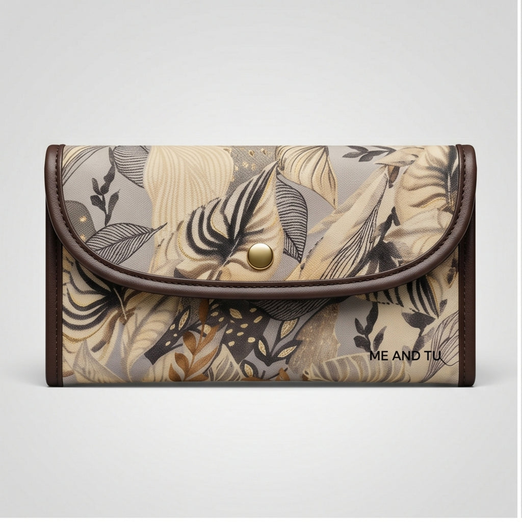 Women's Luxury Tropical Leaf Print Cream Envelope Clutch Wallet with Leather Trim-1