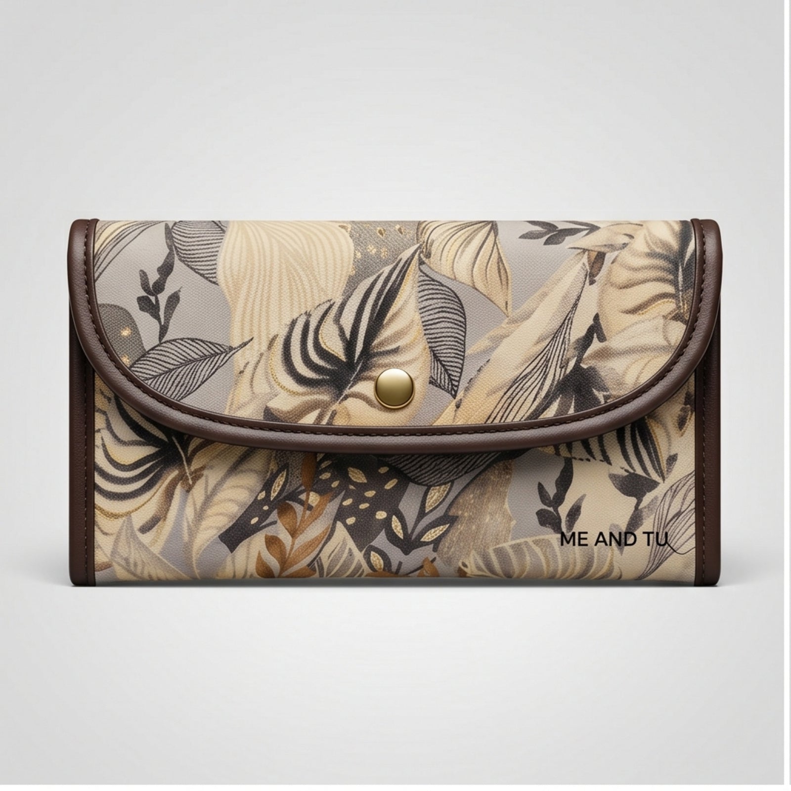 Women's Luxury Tropical Leaf Print Cream Envelope Clutch Wallet with Leather Trim-1