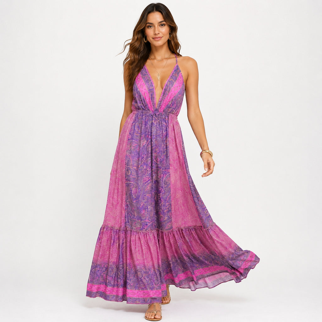 Women's Pink Paisley Printed Deep V-Neck Maxi Dress-1