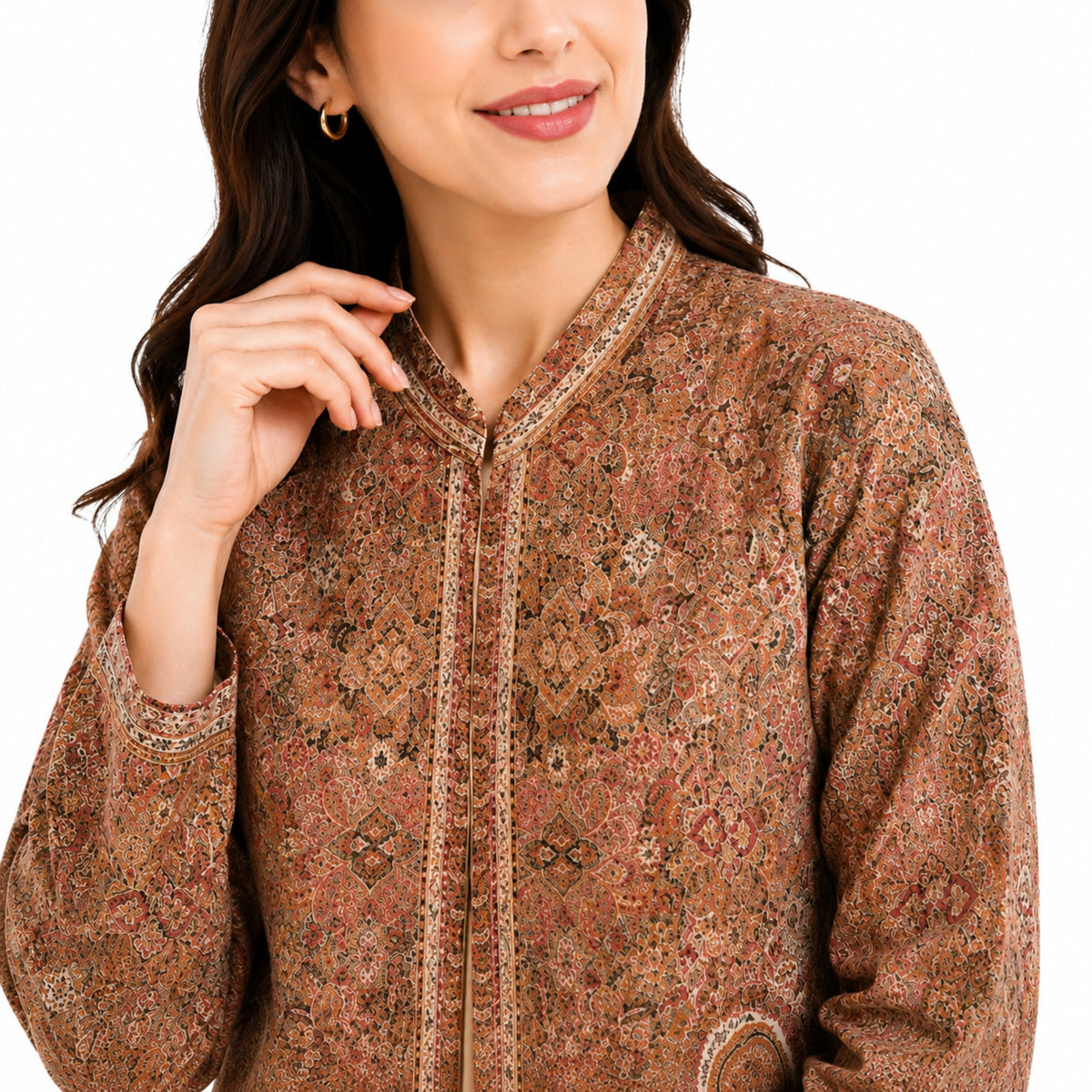 Women’s Rust Brown Printed Front-Open Jacket – Paisley Pattern Ethnic Style Jacket-2