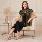 Women's Elegant Hand-Embroidered Black Collar Cape Overlay with Metallic Fringe Tassel Dress-2