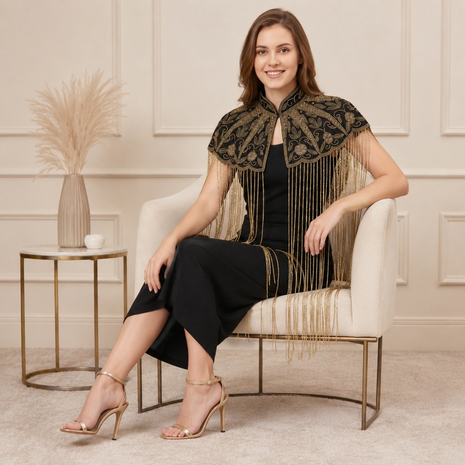 Women's Elegant Hand-Embroidered Black Collar Cape Overlay with Metallic Fringe Tassel Dress-2
