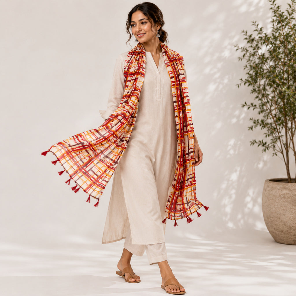 Women's Rust Orange Checkered Tassel Scarf-1