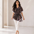 Women's Artistic Marble Print Kaftan Top with Lace Trim-1